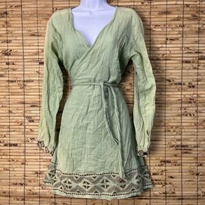 Yamuna Designs Wrap Dress Women Green Cotton Mini Boho Geometric Block‎ Print